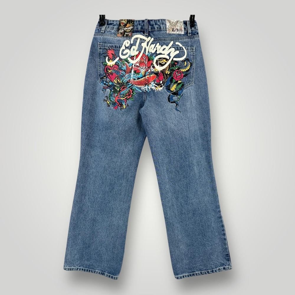 NEW‎ Ed Hardy Baggy Koi Snake Jeans Womens 32 Blue Light Wash Wide Leg Graphic